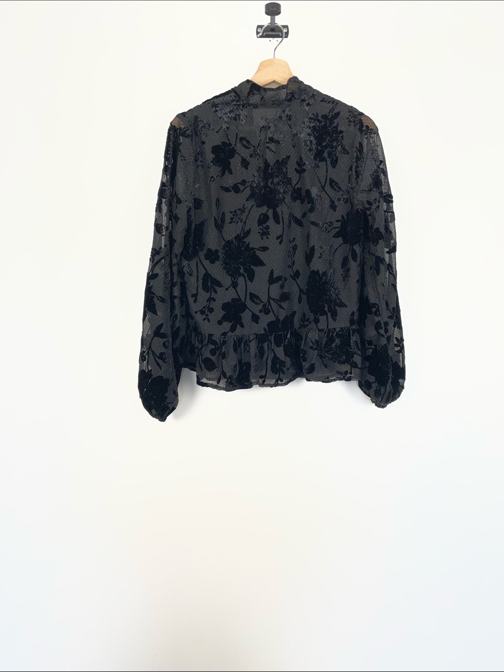 Express Y2K Black Sheer Velvet Burnout Tie-Neck Peplum Hem Blouse Women's S - Picture 5 of 8